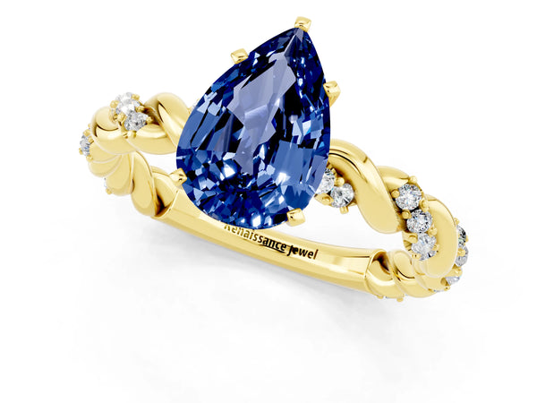 Yellow gold Pear Cut Blue Sapphire Solitaire Ring with Twisted Band and Pavé Accents