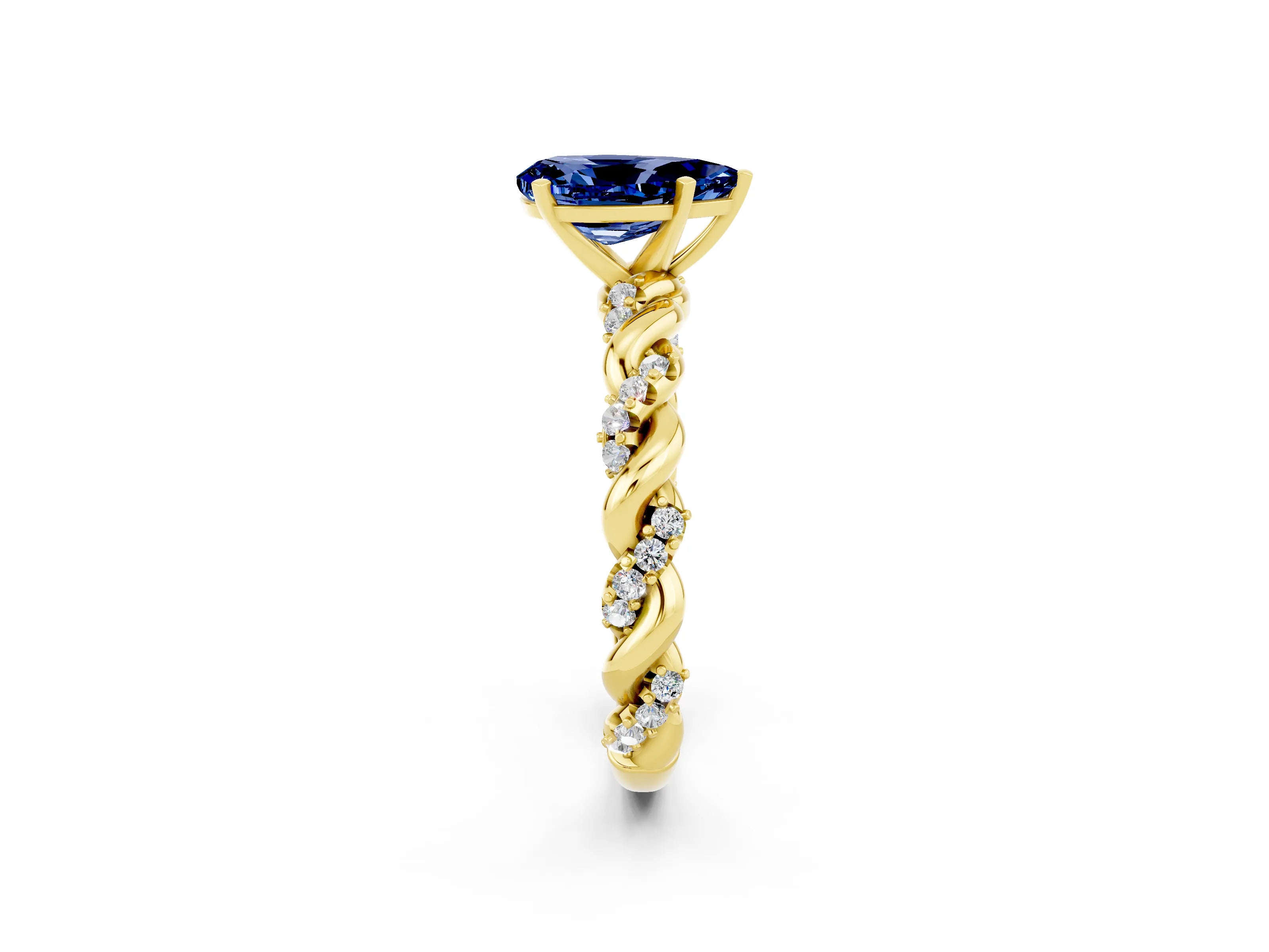 Yellow gold Pear Cut Blue Sapphire Solitaire Ring with Twisted Band and Pavé Accents_2