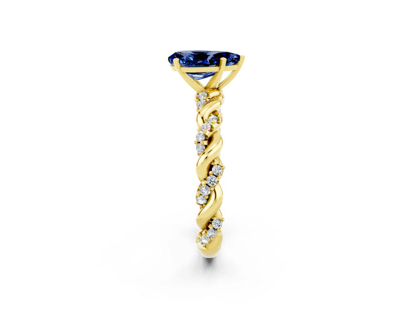 Yellow gold Pear Cut Blue Sapphire Solitaire Ring with Twisted Band and Pavé Accents