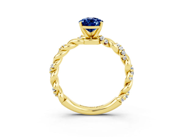 Yellow gold Pear Cut Blue Sapphire Solitaire Ring with Twisted Band and Pavé Accents
