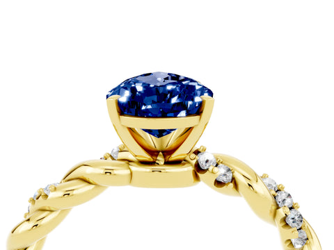 Yellow gold Pear Cut Blue Sapphire Solitaire Ring with Twisted Band and Pavé Accents_4