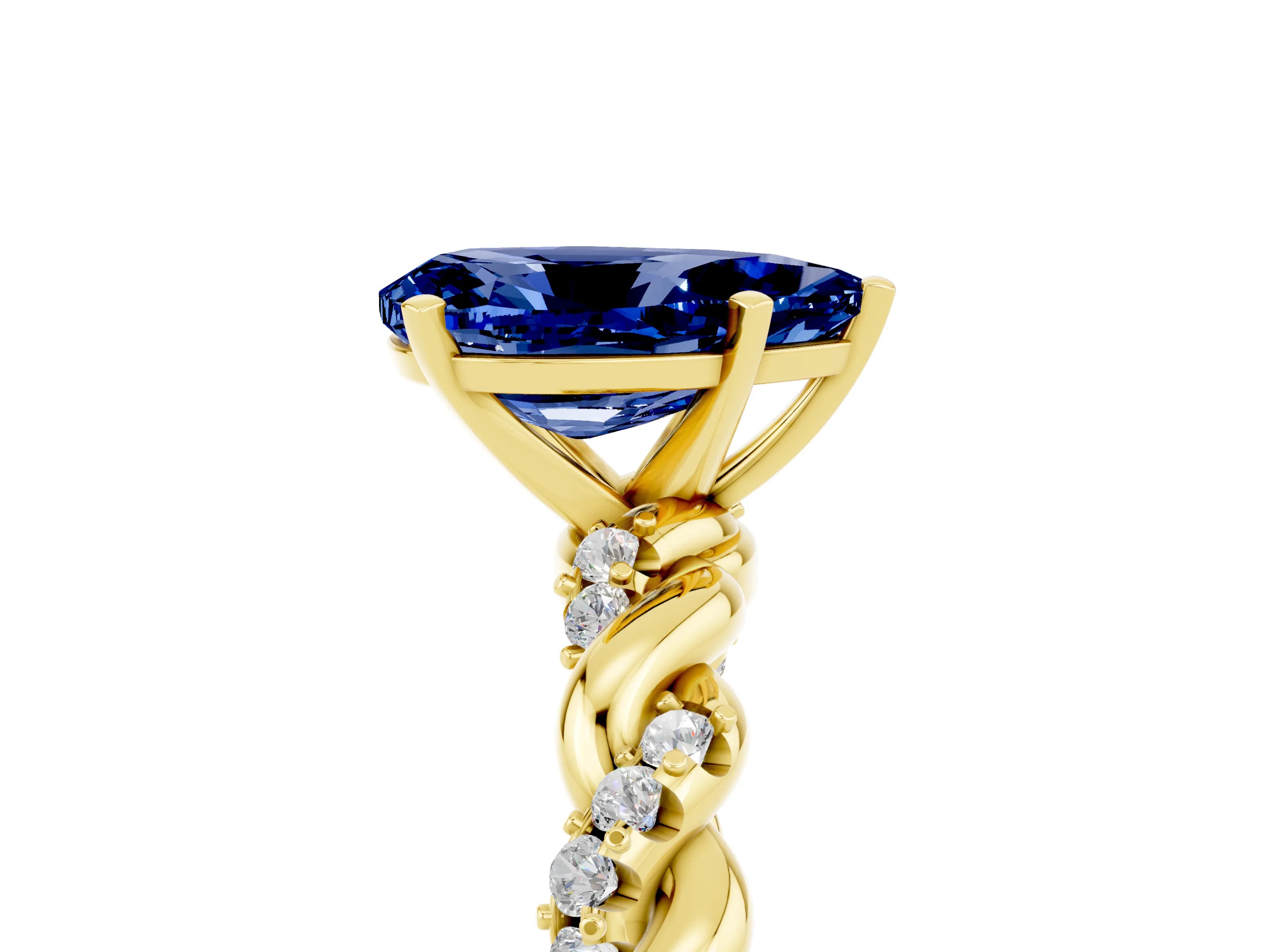 Yellow gold Pear Cut Blue Sapphire Solitaire Ring with Twisted Band and Pavé Accents_5