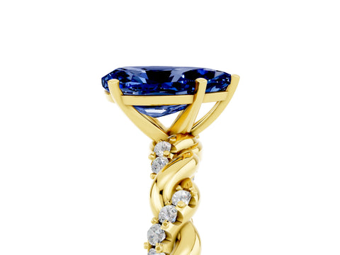 Yellow gold Pear Cut Blue Sapphire Solitaire Ring with Twisted Band and Pavé Accents_5