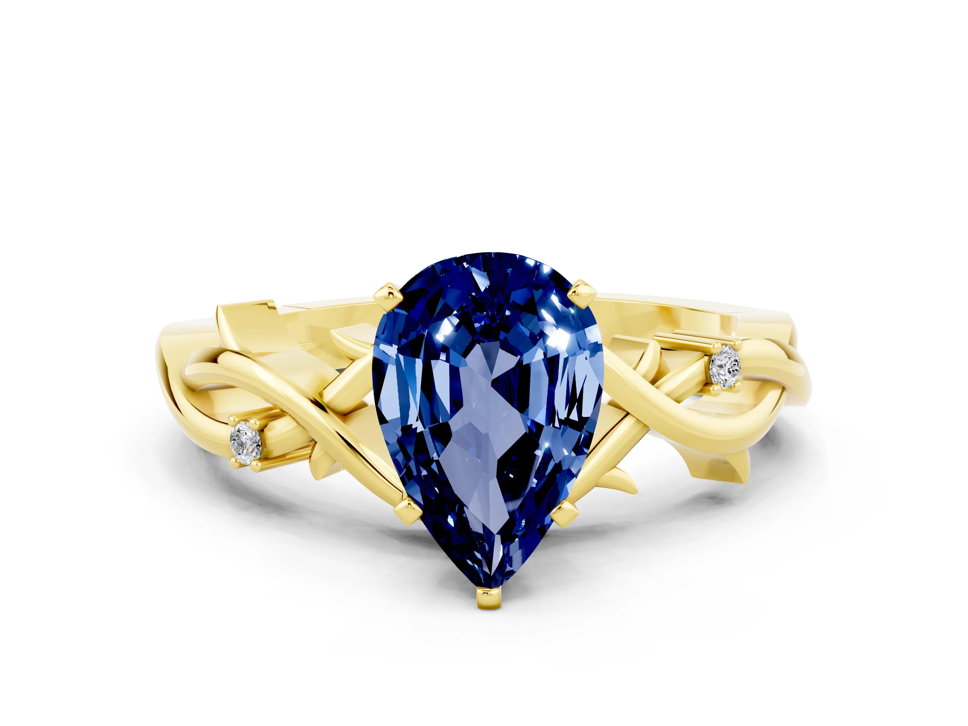 Yellow gold Pear Cut Blue Sapphire Solitaire Ring with Twisted Band and Prong Setting