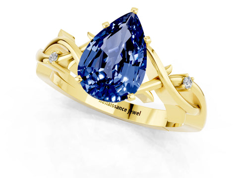 Yellow gold Pear Cut Blue Sapphire Solitaire Ring with Twisted Band and Prong Setting_1