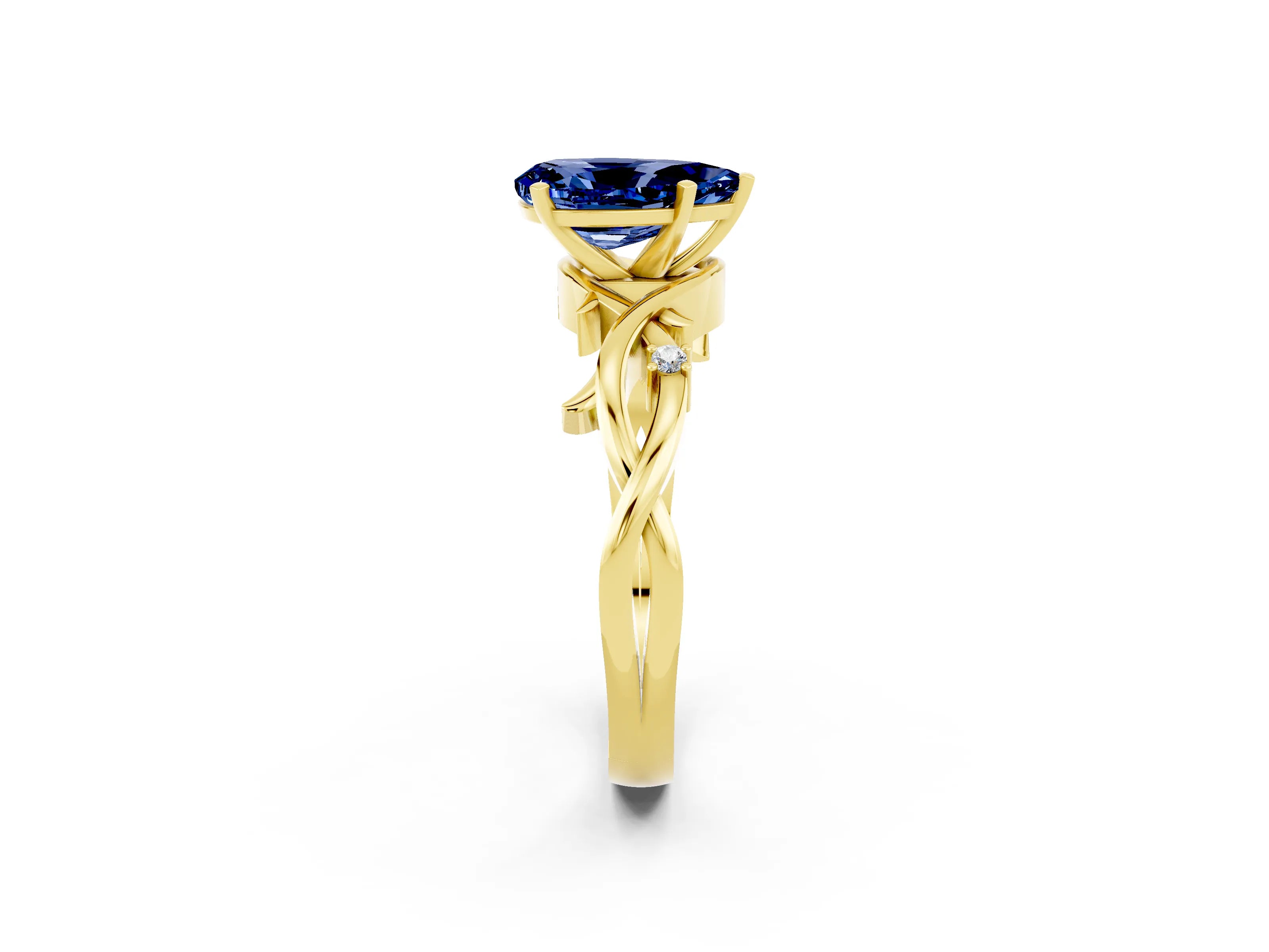 Yellow gold Pear Cut Blue Sapphire Solitaire Ring with Twisted Band and Prong Setting_2