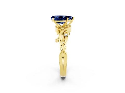 Yellow gold Pear Cut Blue Sapphire Solitaire Ring with Twisted Band and Prong Setting_2