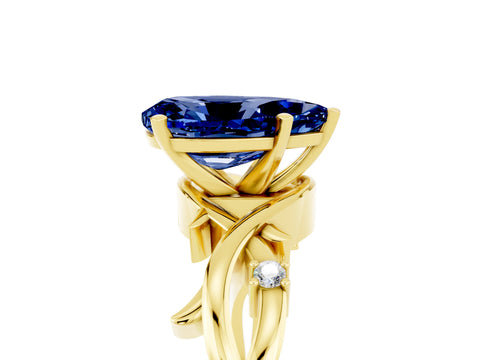 Yellow gold Pear Cut Blue Sapphire Solitaire Ring with Twisted Band and Prong Setting_5