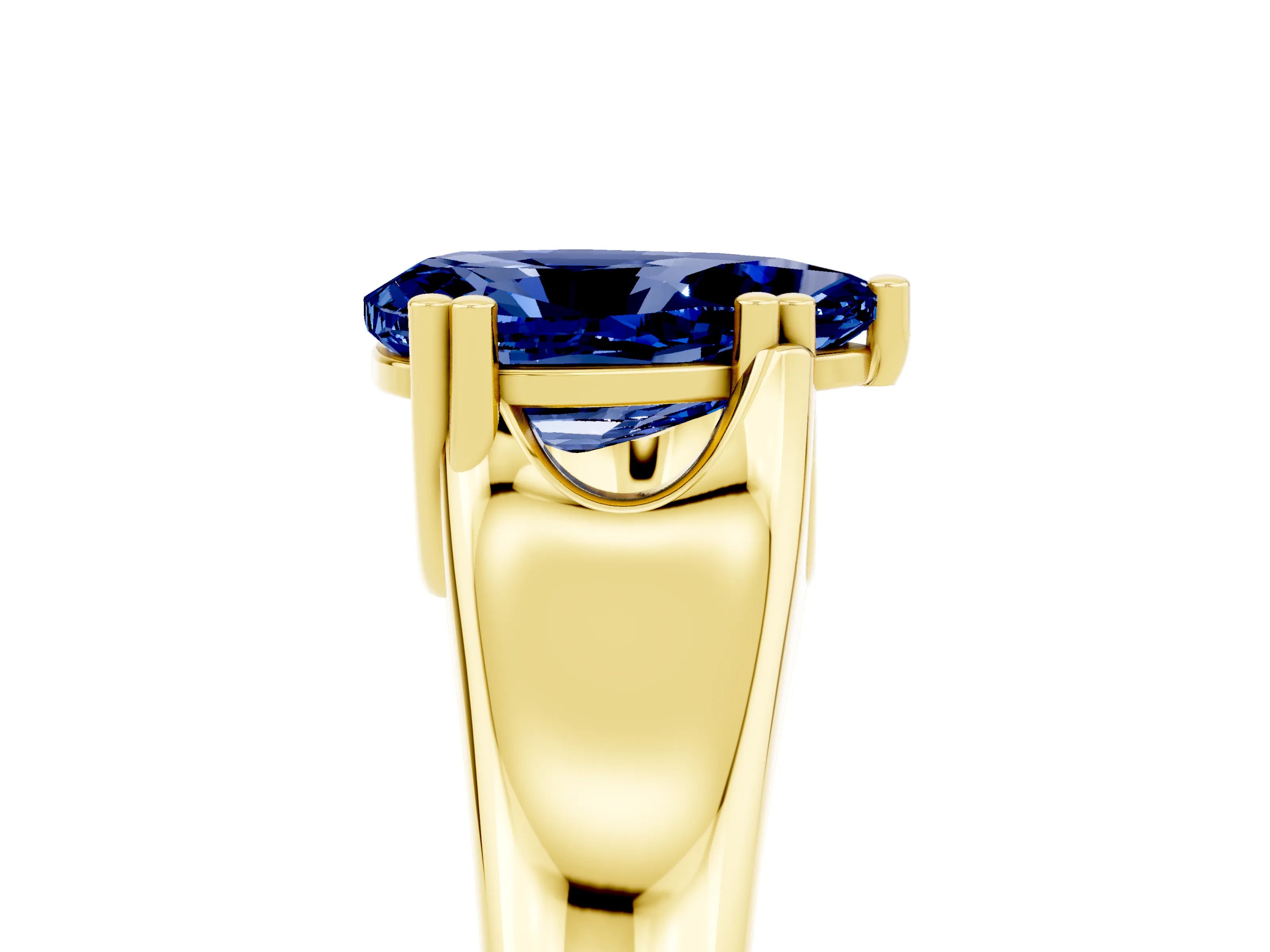 Yellow gold Pear Cut Blue Sapphire Solitaire Ring with Wide Band and Prong Setting_5