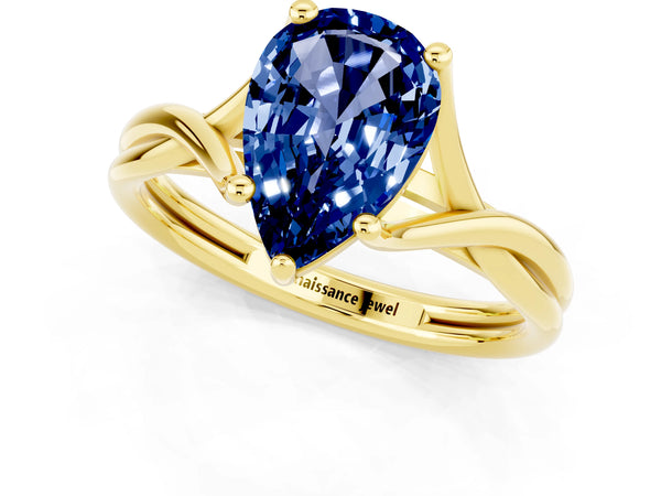 Yellow gold Pear Cut Blue Sapphire Solitaire Twist Band Prong Setting Ring