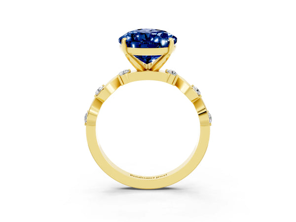 Yellow gold Pear Cut Blue Sapphire Solitaire Twisted Band with Round  Accents and Prong Setting