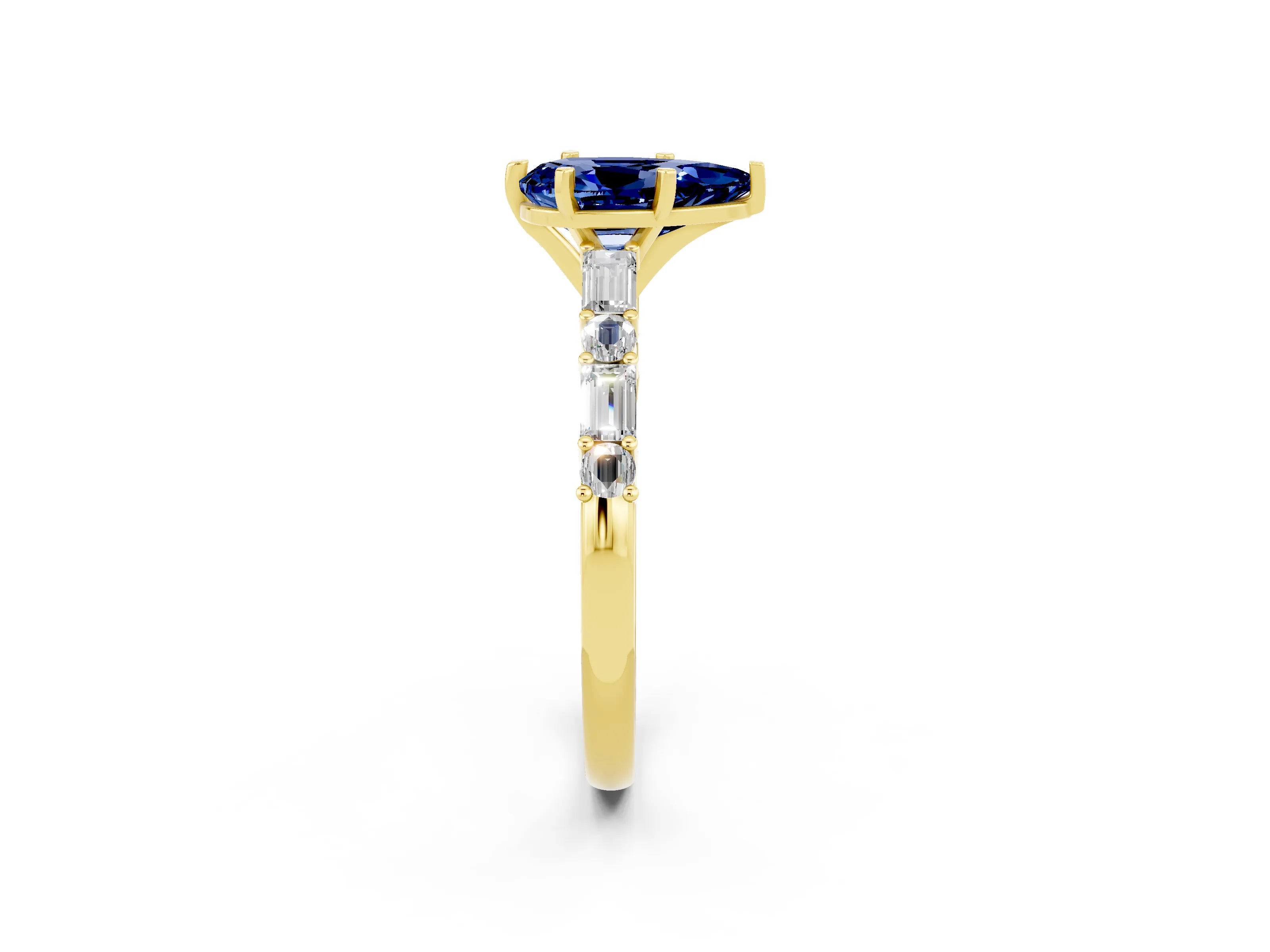 Yellow gold Pear Cut Blue Sapphire Solitaire with Side Baguettes and Channel Set Band_2