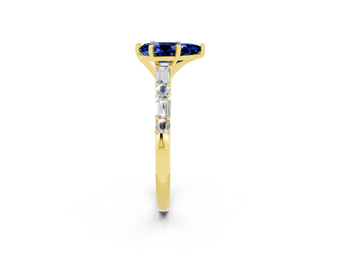 Yellow gold Pear Cut Blue Sapphire Solitaire with Side Baguettes and Channel Set Band_2