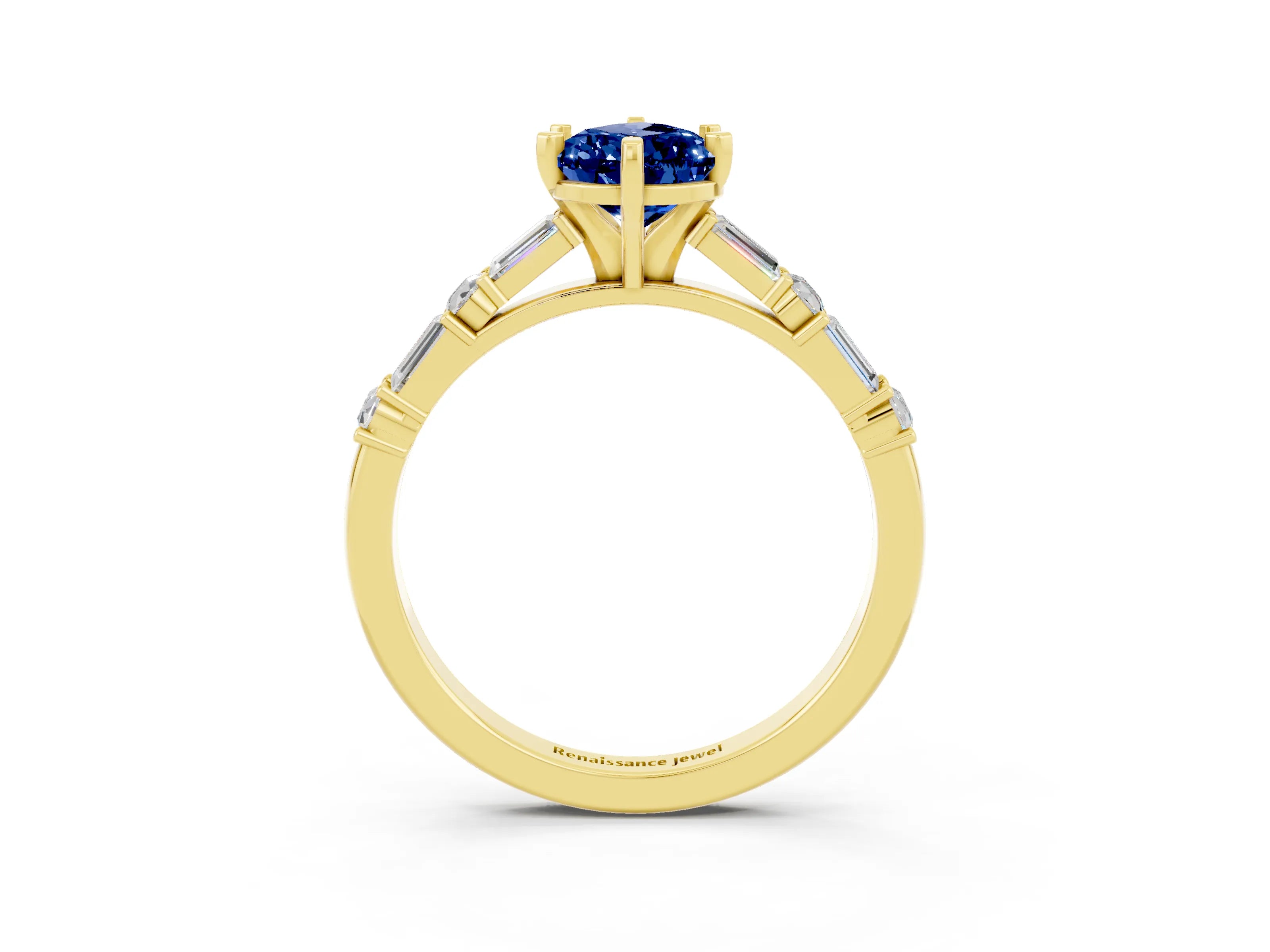 Yellow gold Pear Cut Blue Sapphire Solitaire with Side Baguettes and Channel Set Band_3