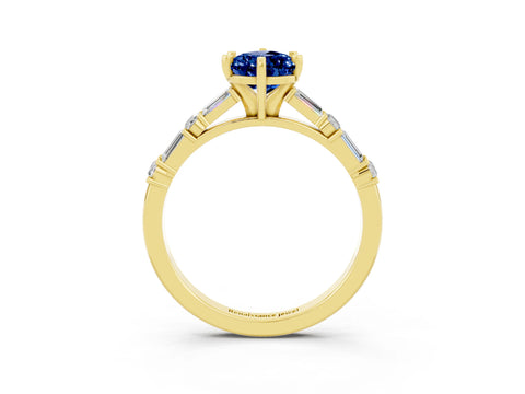 Yellow gold Pear Cut Blue Sapphire Solitaire with Side Baguettes and Channel Set Band_3