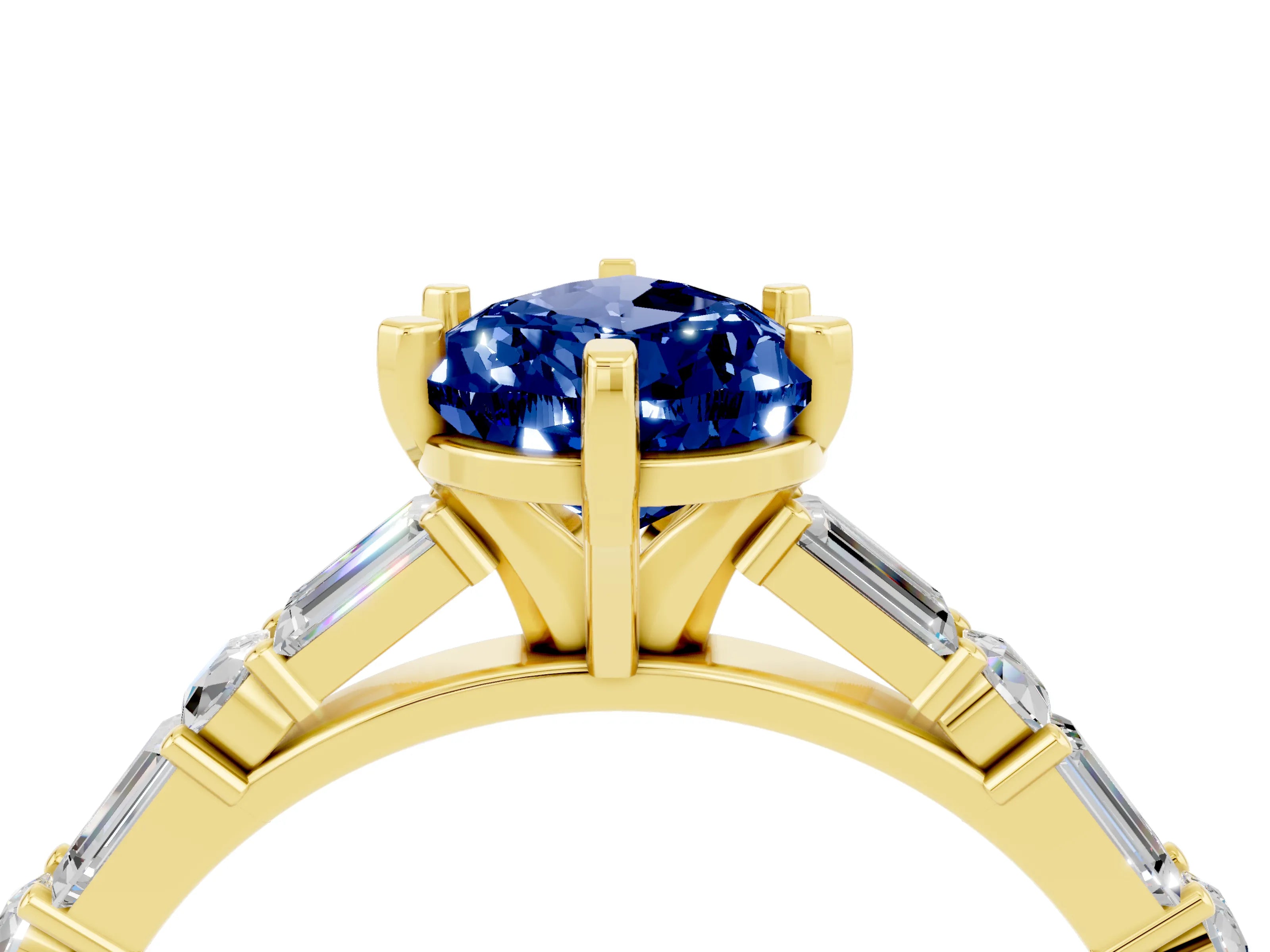 Yellow gold Pear Cut Blue Sapphire Solitaire with Side Baguettes and Channel Set Band_4