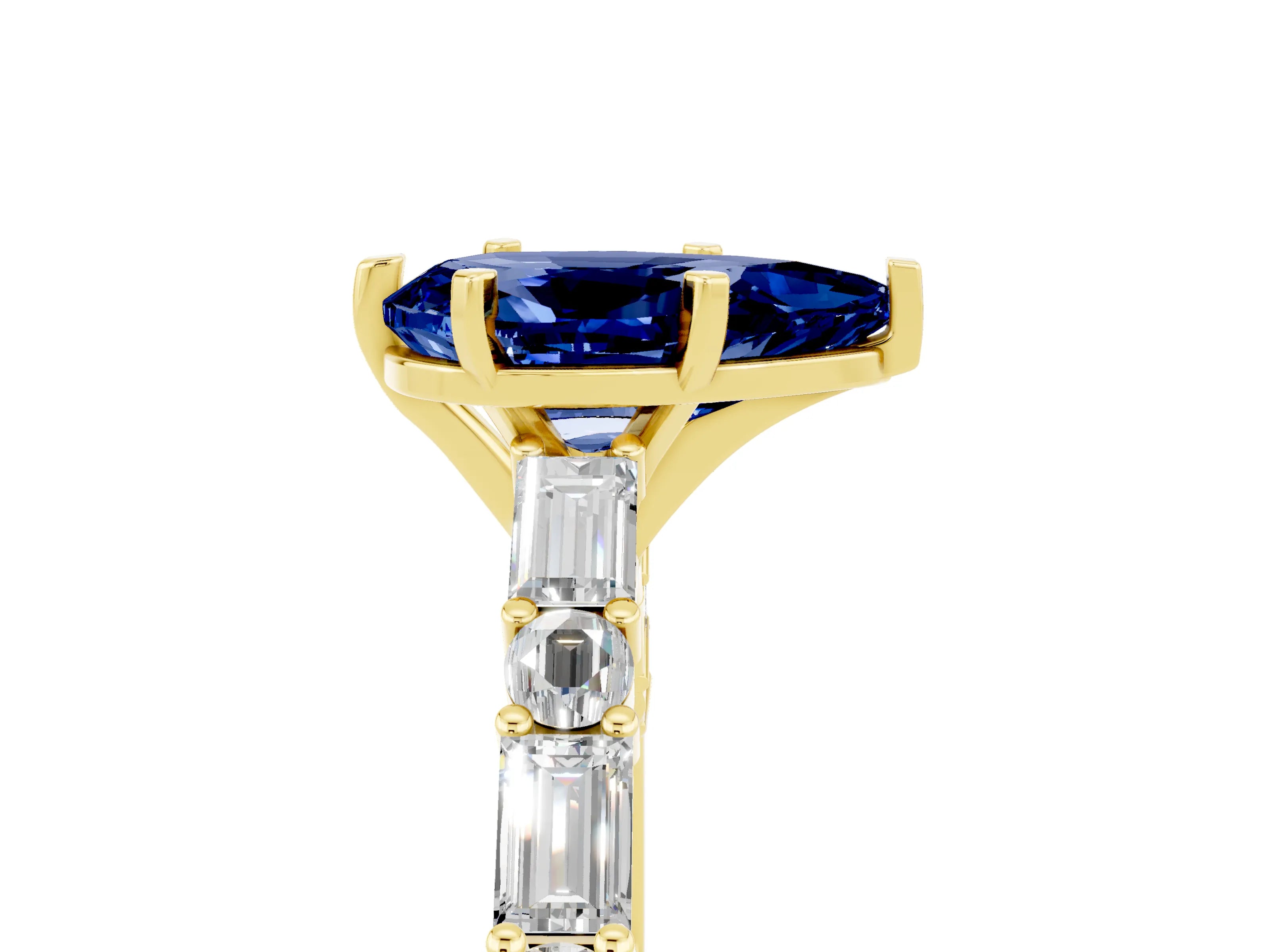 Yellow gold Pear Cut Blue Sapphire Solitaire with Side Baguettes and Channel Set Band_5