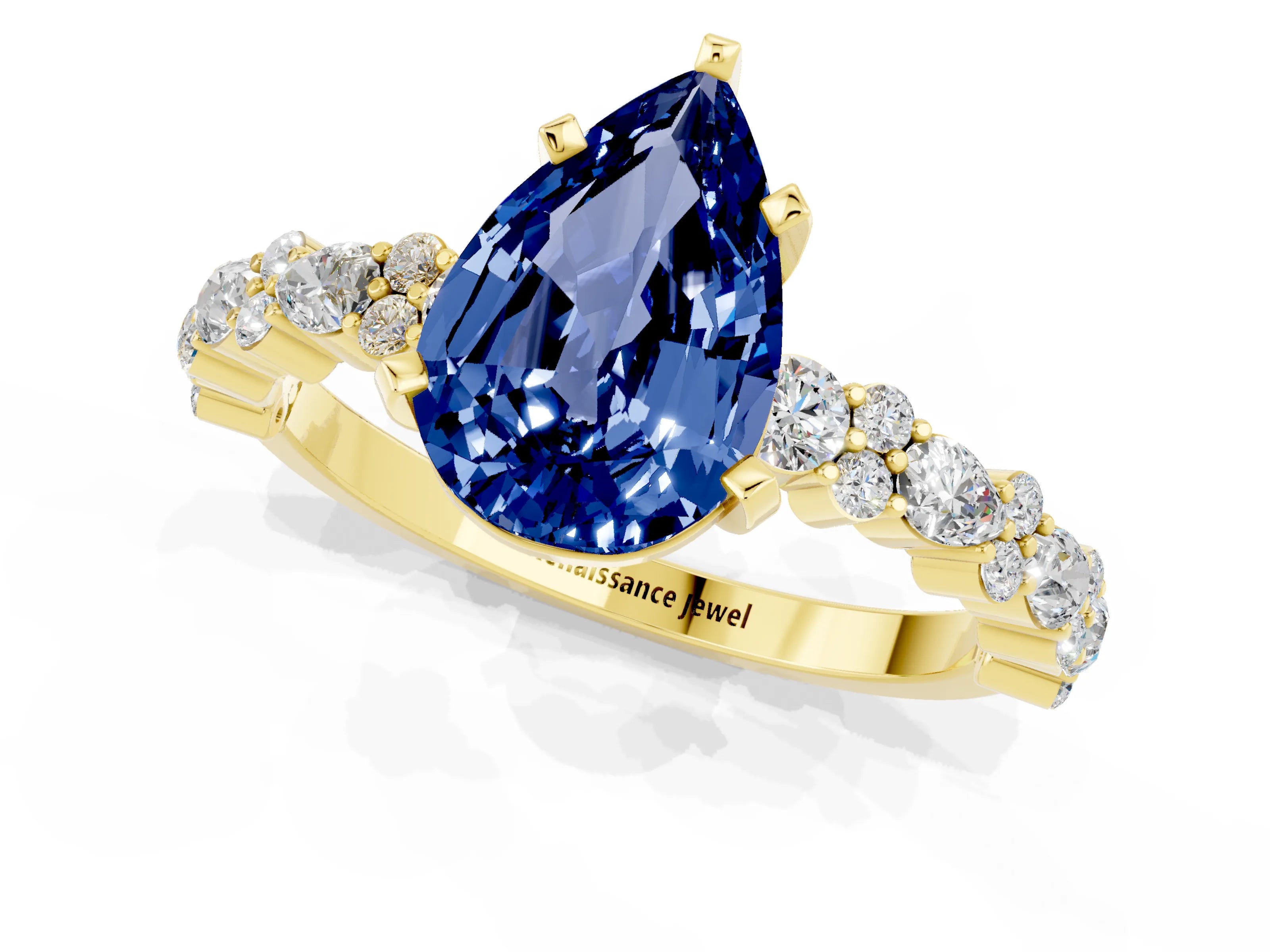 Yellow gold Pear Cut Blue Sapphire Solitaire with Side Stones, Pave Band, Four-Prong Setting_37