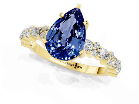 Yellow gold Pear Cut Blue Sapphire Solitaire with Side Stones, Pave Band, Four-Prong Setting_37