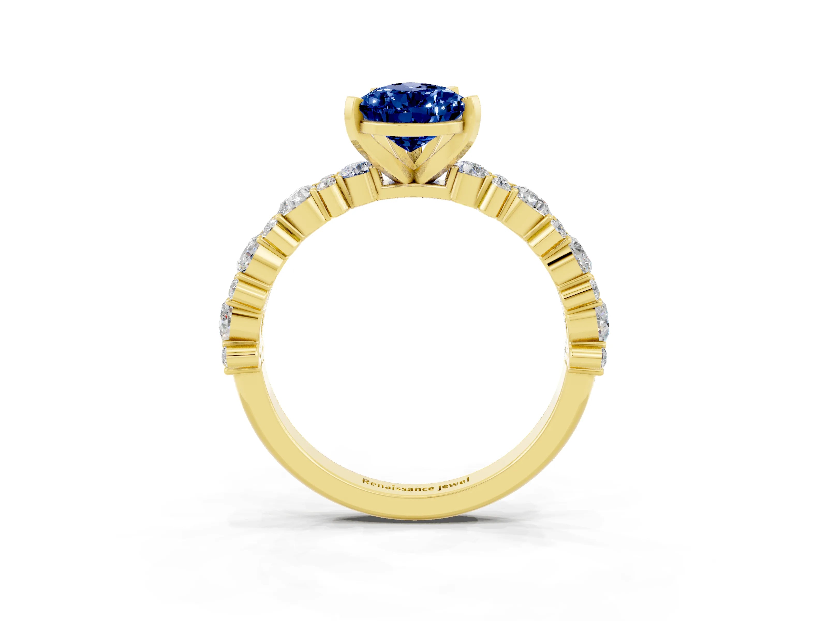 Yellow gold Pear Cut Blue Sapphire Solitaire with Side Stones, Pave Band, Four-Prong Setting_39