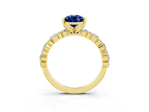 Yellow gold Pear Cut Blue Sapphire Solitaire with Side Stones, Pave Band, Four-Prong Setting_39