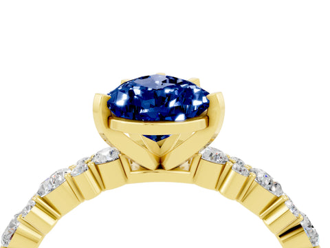 Yellow gold Pear Cut Blue Sapphire Solitaire with Side Stones, Pave Band, Four-Prong Setting_40
