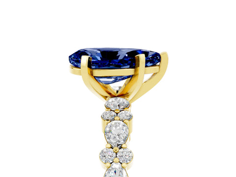 Yellow gold Pear Cut Blue Sapphire Solitaire with Side Stones, Pave Band, Four-Prong Setting_41