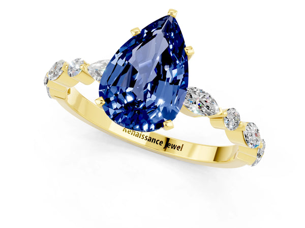 Yellow gold Pear Cut Blue Sapphire Ring with Marquise and Round  Side Stones and Four-Prong Setting