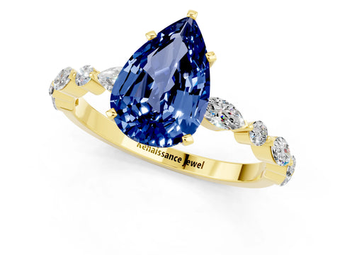 Yellow gold Pear Cut Blue Sapphire Solitaire with Side Stones on a Pavé Band and Four-Prong Setting_1