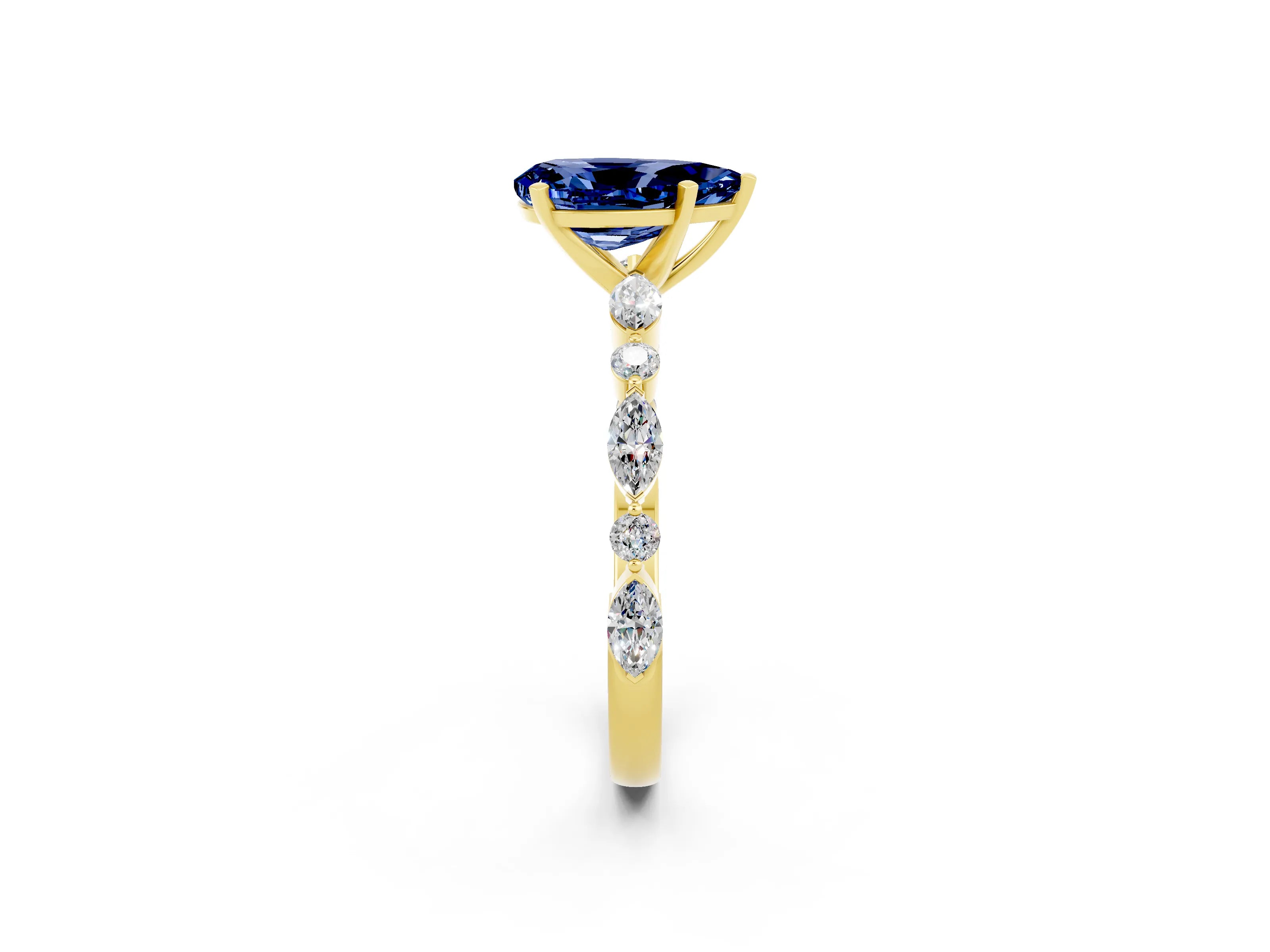 Yellow gold Pear Cut Blue Sapphire Solitaire with Side Stones on a Pavé Band and Four-Prong Setting_2