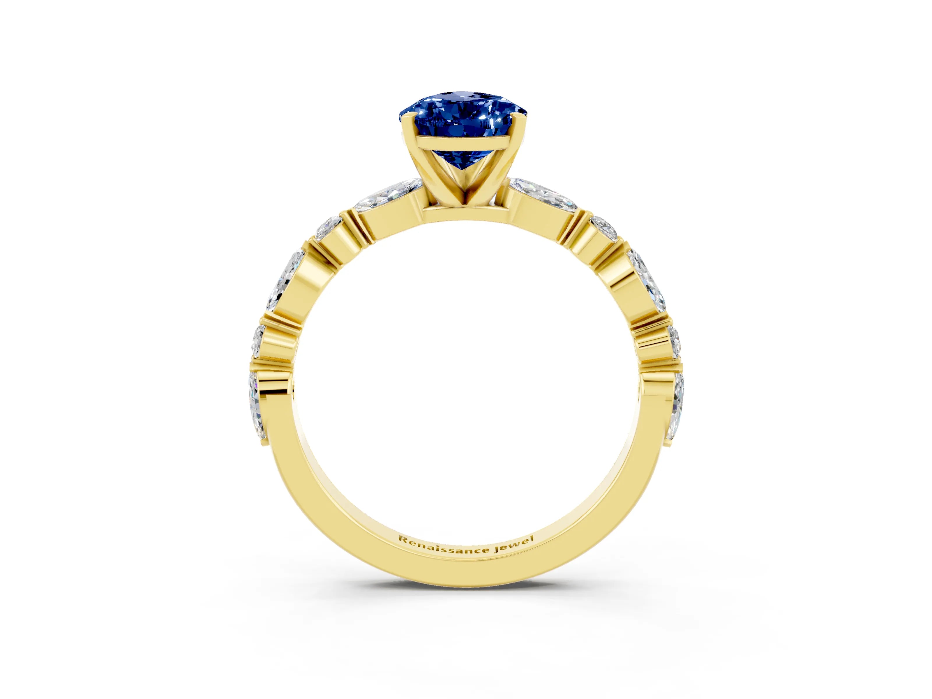 Yellow gold Pear Cut Blue Sapphire Solitaire with Side Stones on a Pavé Band and Four-Prong Setting_3