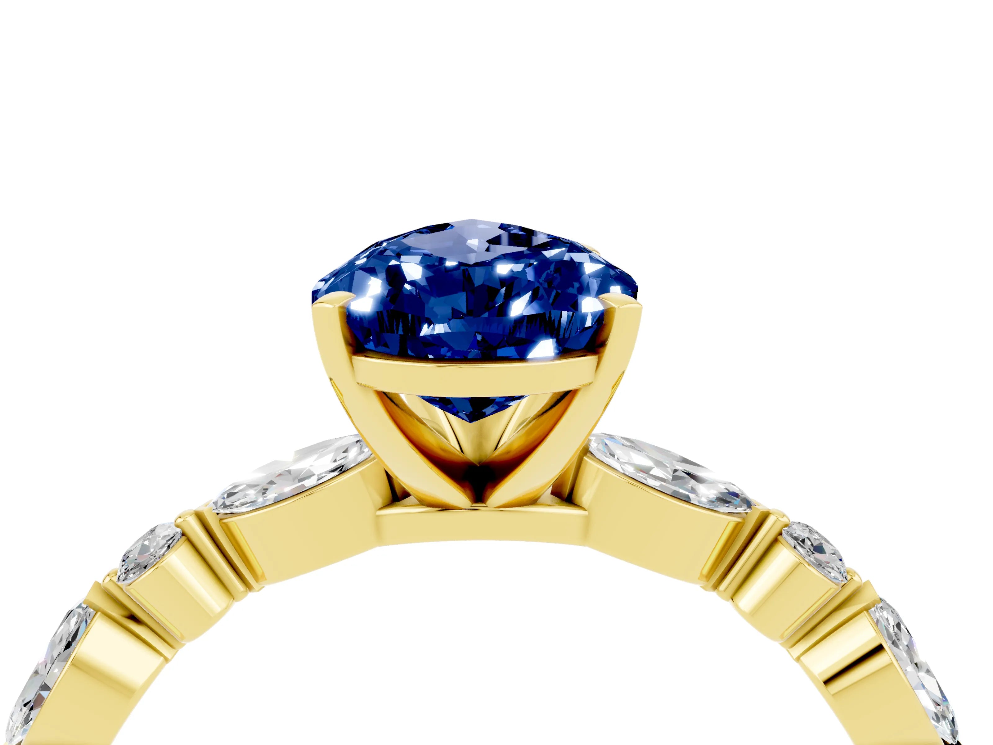 Yellow gold Pear Cut Blue Sapphire Solitaire with Side Stones on a Pavé Band and Four-Prong Setting_4