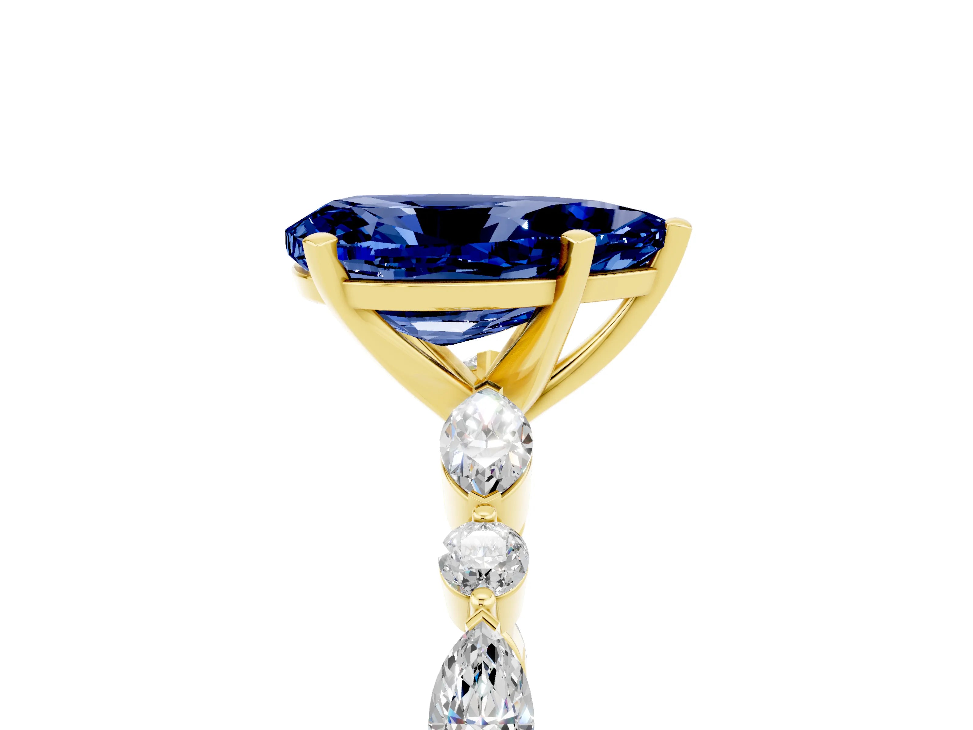 Yellow gold Pear Cut Blue Sapphire Solitaire with Side Stones on a Pavé Band and Four-Prong Setting_5