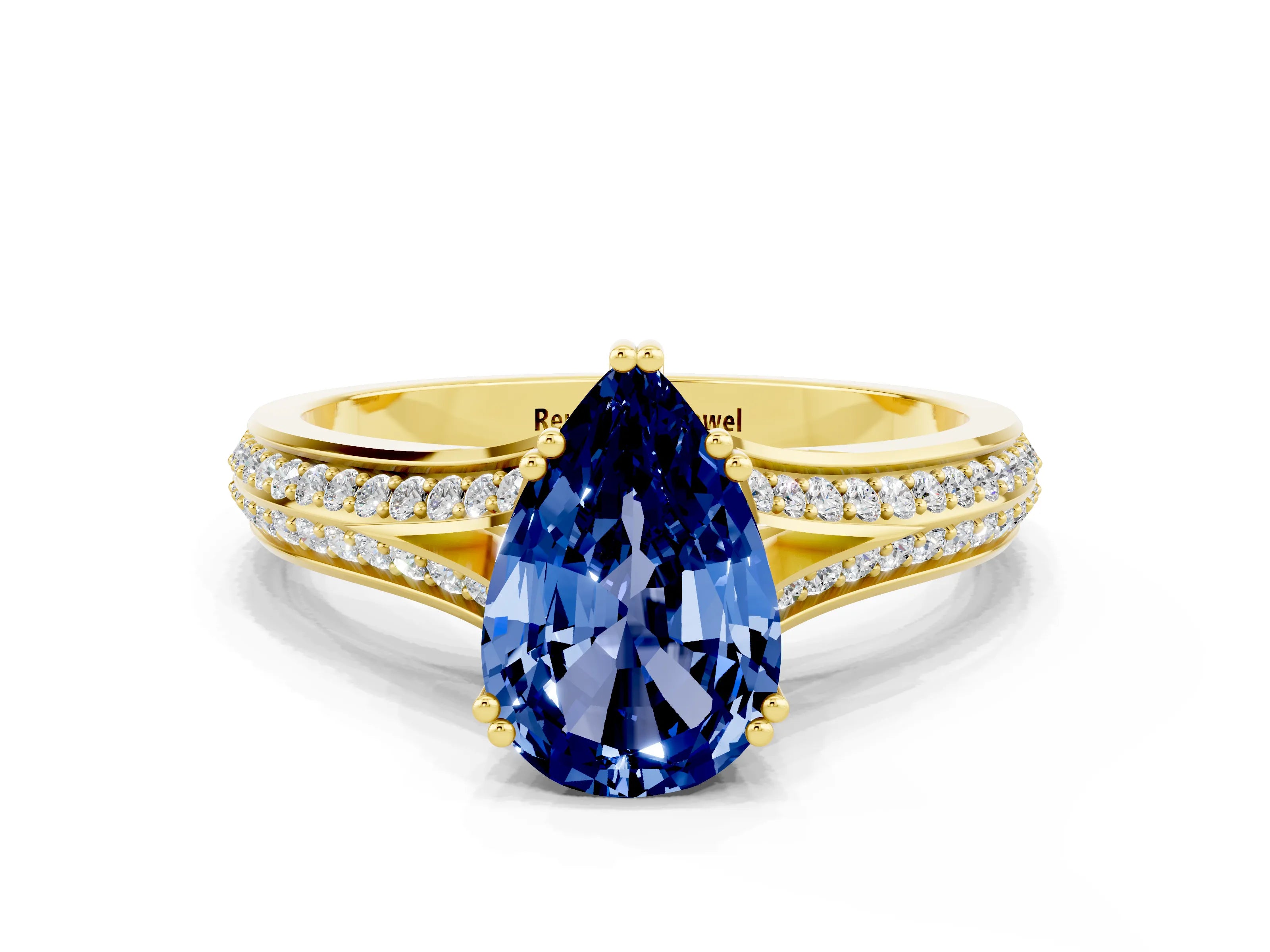 Yellow gold Pear Cut Blue Sapphire Split Shank Engagement Ring with Pavé Band