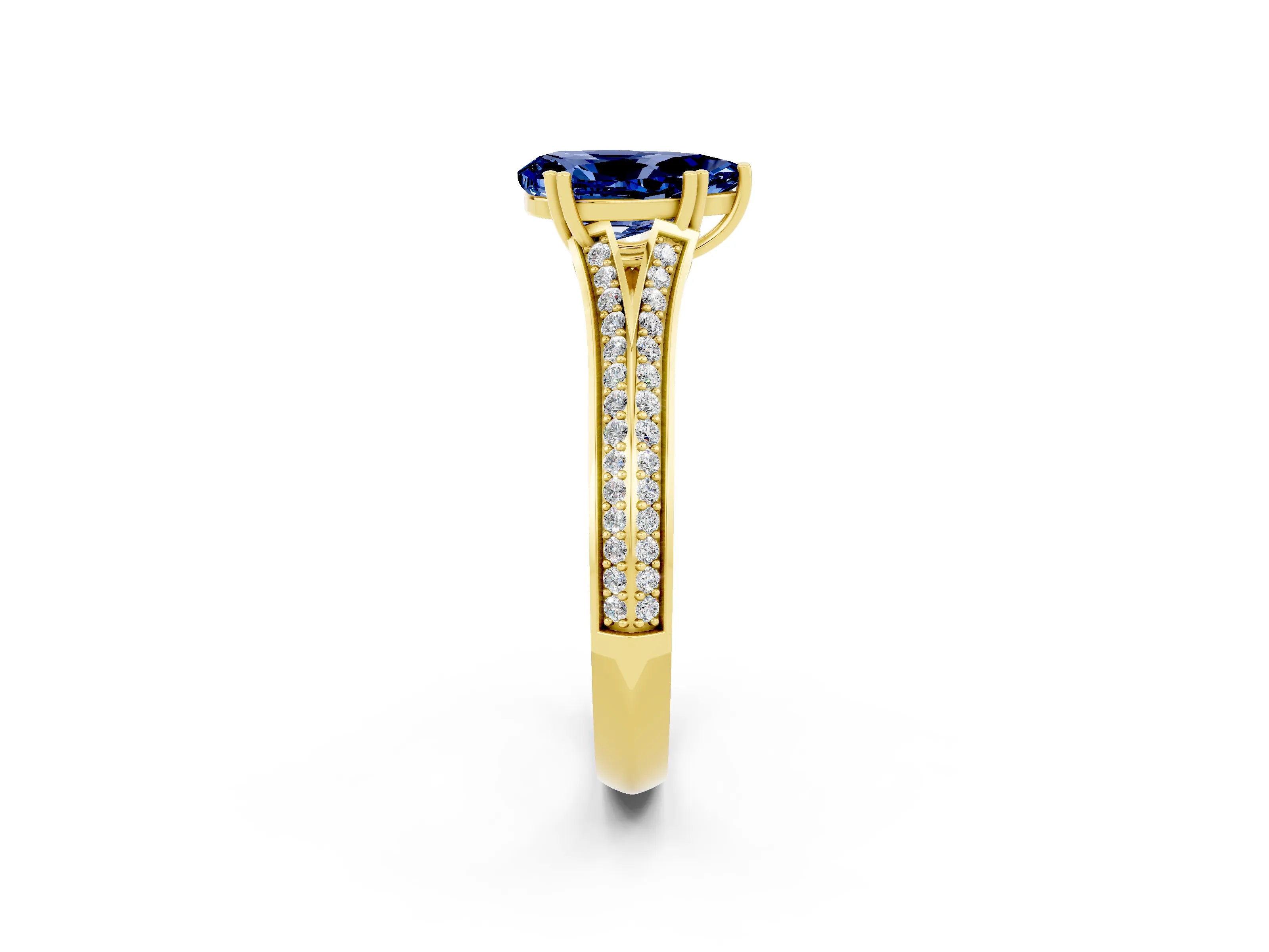 Yellow gold Pear Cut Blue Sapphire Split Shank Engagement Ring with Pavé Band_2