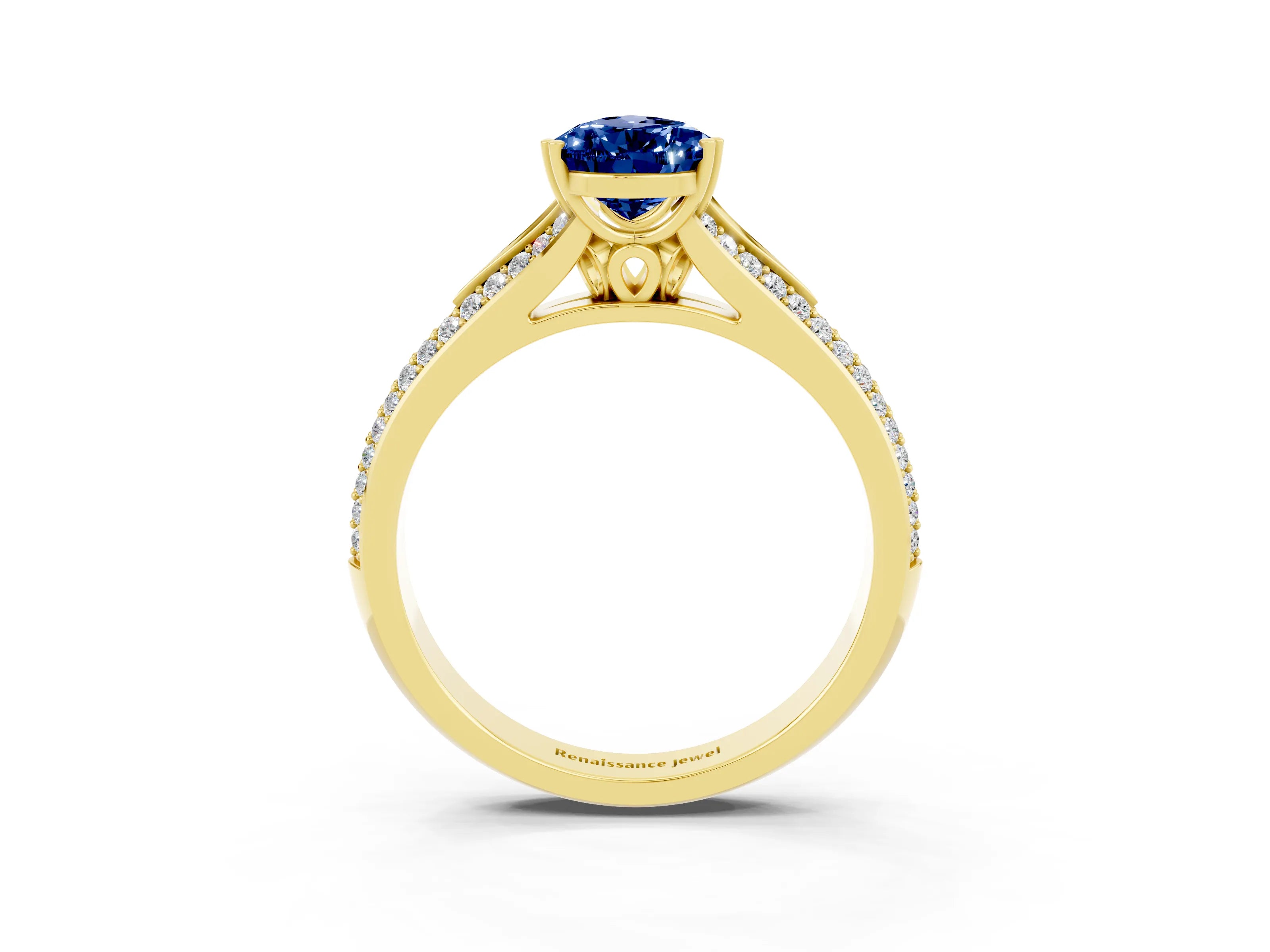 Yellow gold Pear Cut Blue Sapphire Split Shank Engagement Ring with Pavé Band_3
