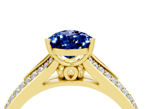 Yellow gold Pear Cut Blue Sapphire Split Shank Engagement Ring with Pavé Band_4