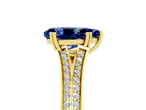 Yellow gold Pear Cut Blue Sapphire Split Shank Engagement Ring with Pavé Band_5