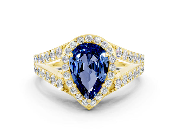 Yellow gold Pear Cut Blue Sapphire Split Shank Halo Ring with Four-Prong Setting