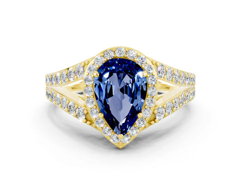 Yellow gold Pear Cut Blue Sapphire Split Shank Halo Ring with Four-Prong Setting_12