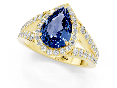 Yellow gold Pear Cut Blue Sapphire Split Shank Halo Ring with Four-Prong Setting_13