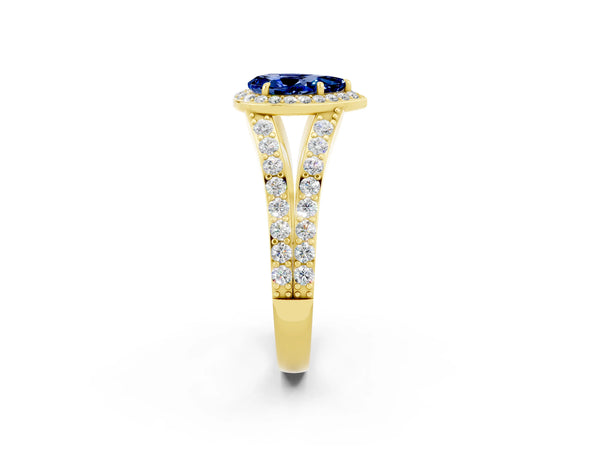 Yellow gold Pear Cut Blue Sapphire Split Shank Halo Ring with Four-Prong Setting