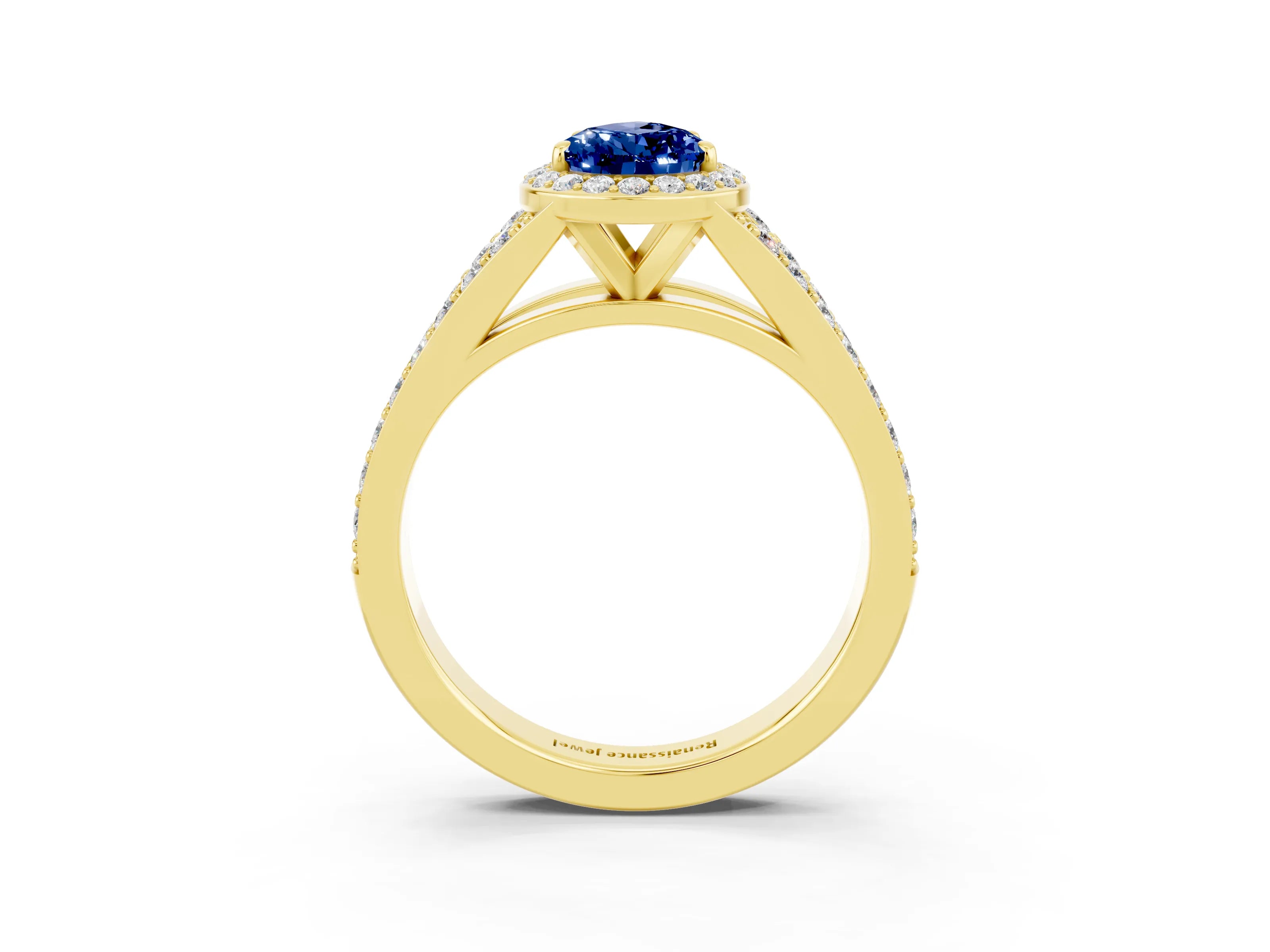Yellow gold Pear Cut Blue Sapphire Split Shank Halo Ring with Four-Prong Setting_15