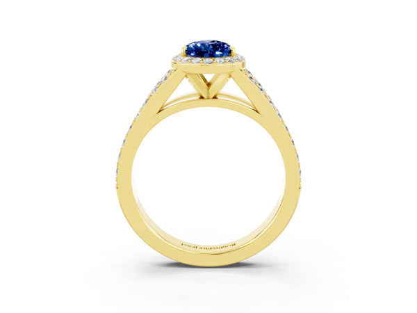 Yellow gold Pear Cut Blue Sapphire Split Shank Halo Ring with Four-Prong Setting