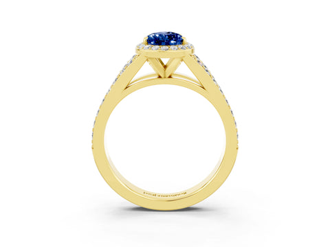 Yellow gold Pear Cut Blue Sapphire Split Shank Halo Ring with Four-Prong Setting_15