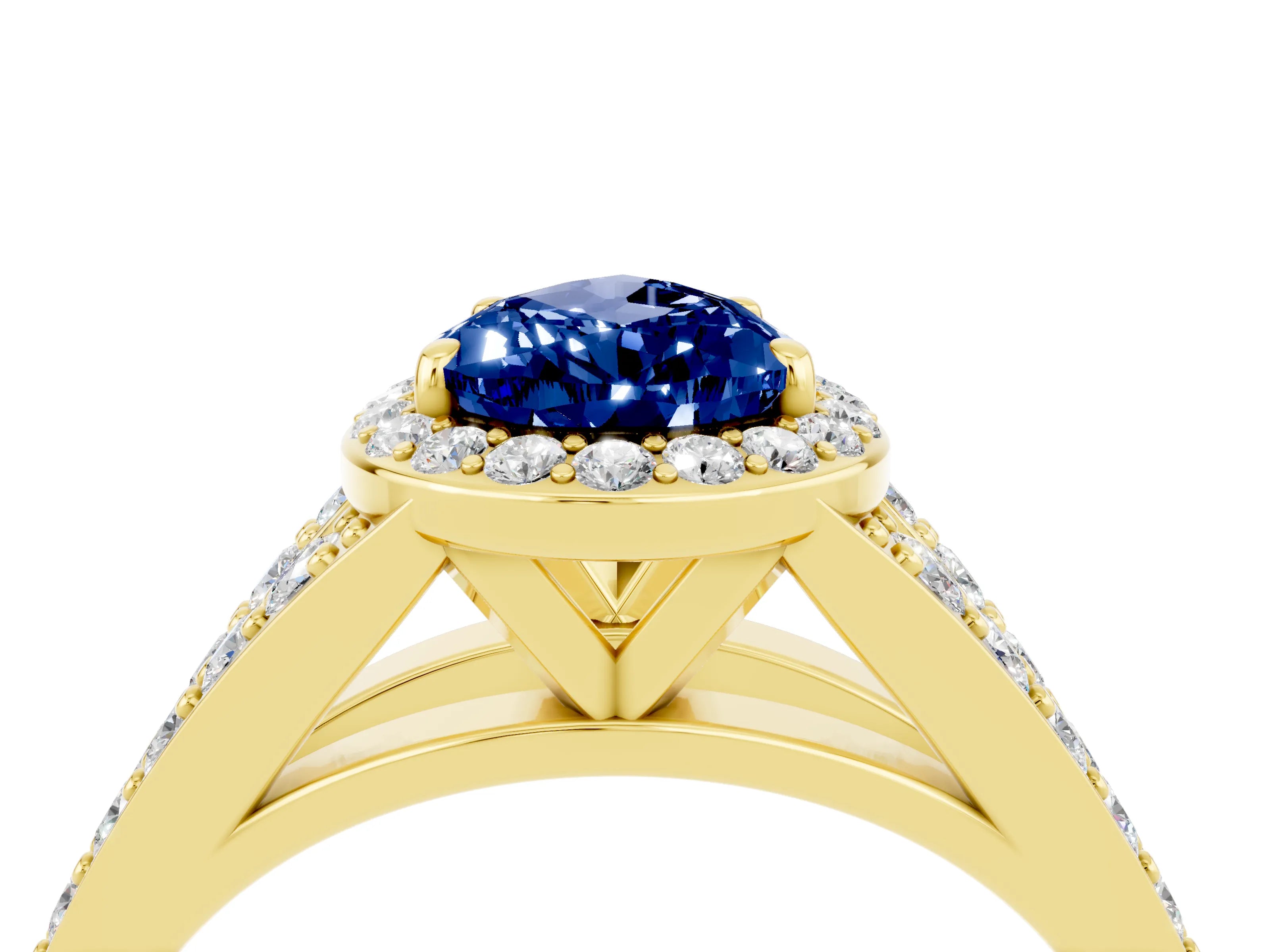 Yellow gold Pear Cut Blue Sapphire Split Shank Halo Ring with Four-Prong Setting_16
