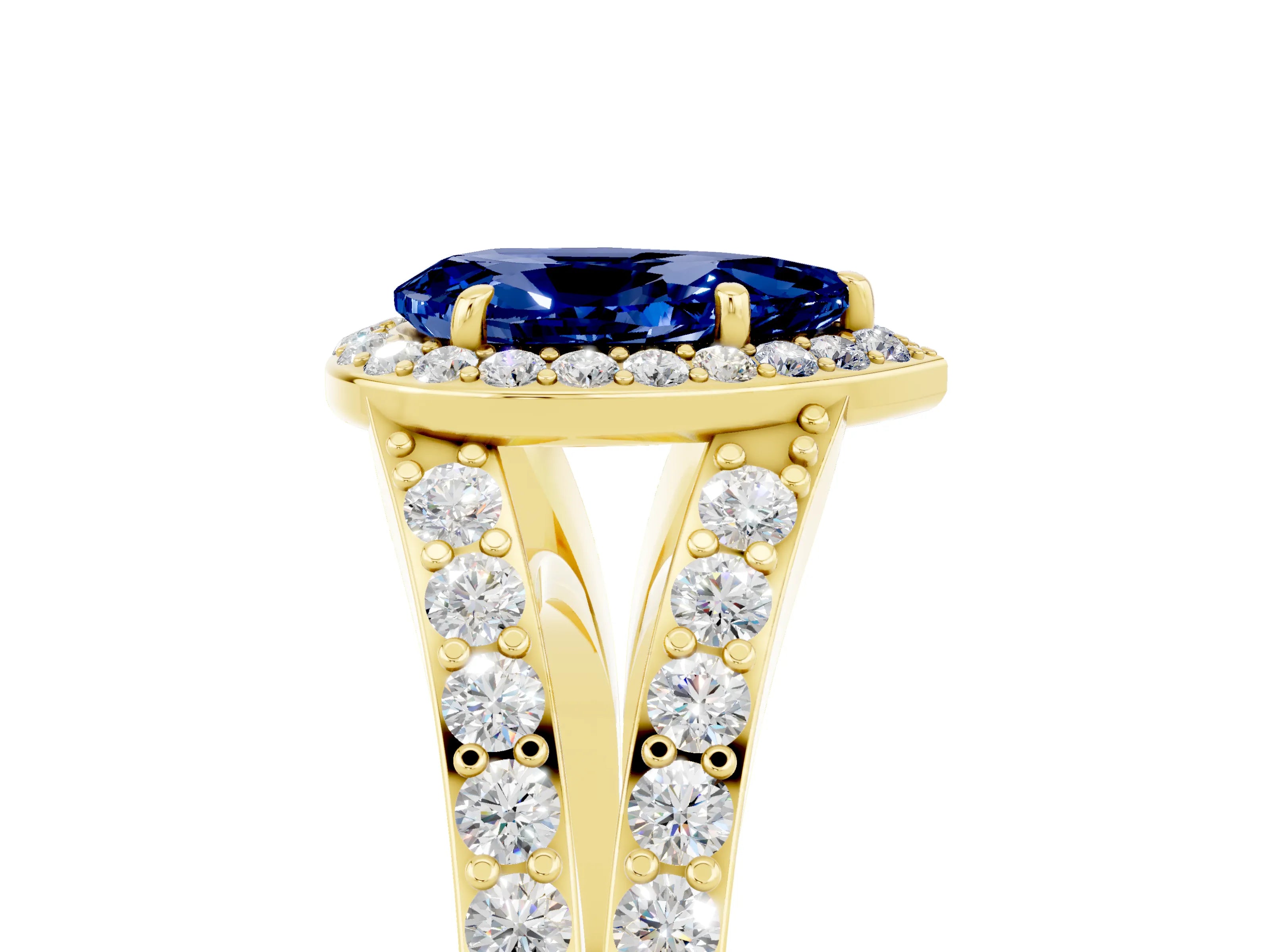 Yellow gold Pear Cut Blue Sapphire Split Shank Halo Ring with Four-Prong Setting_17