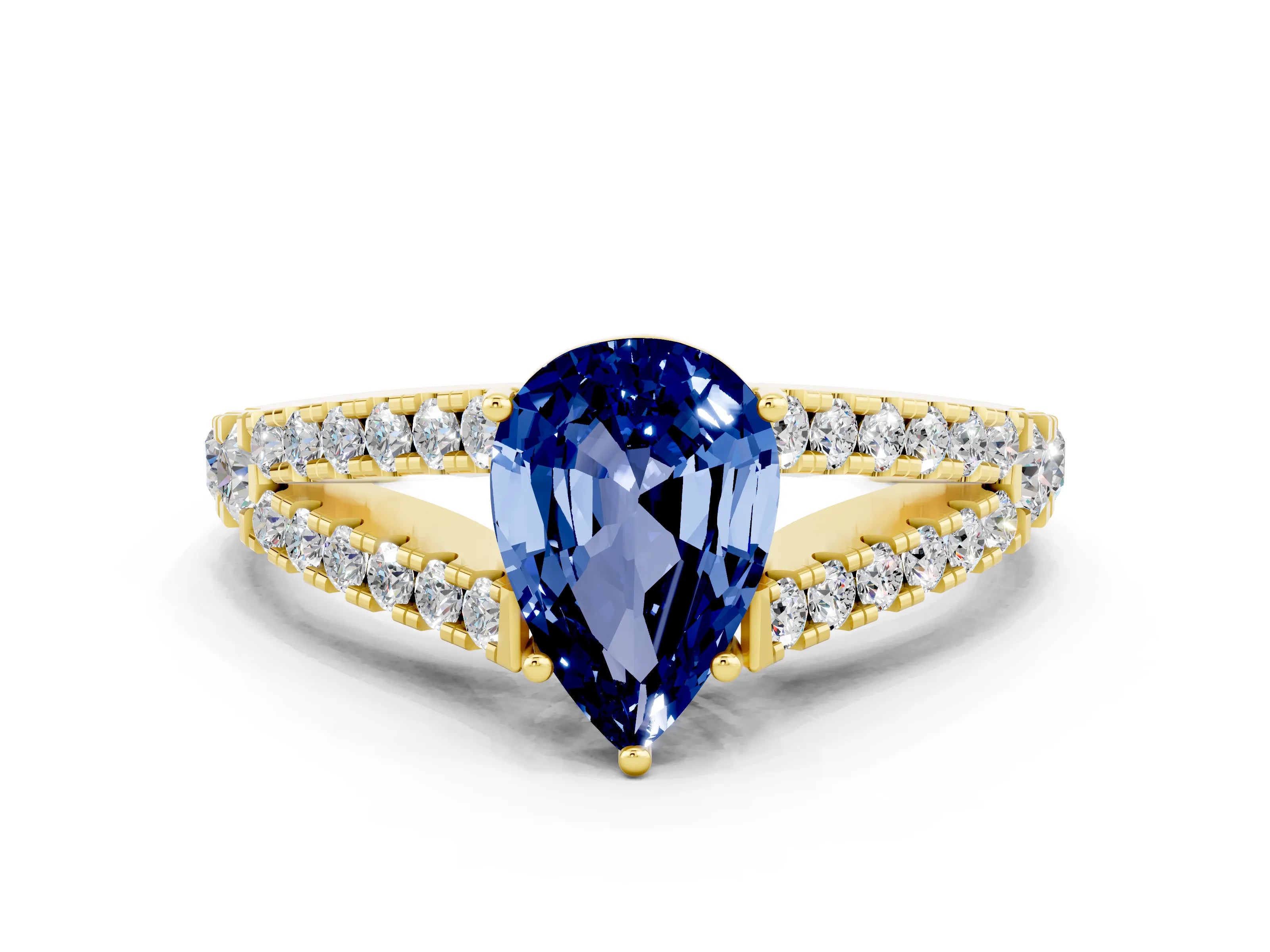 Yellow gold Pear Cut Blue Sapphire Split Shank Pavé Engagement Ring with Four-Prong Setting_12