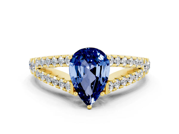 Yellow gold Pear Cut Blue Sapphire Split Shank Pavé Engagement Ring with Four-Prong Setting