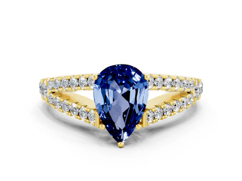 Yellow gold Pear Cut Blue Sapphire Split Shank Pavé Engagement Ring with Four-Prong Setting_12